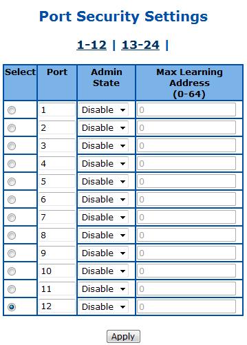 Port Security Settings This page is to configure the port security function for each port.