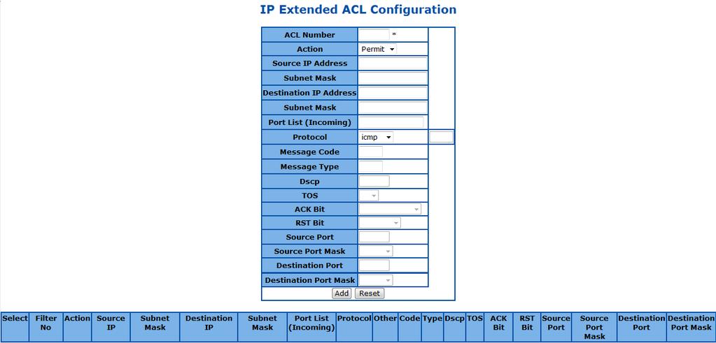 Figure 69 ACL > IP Extended ACL Parameter Description ACL Number Specify the ACL ID of this rule. The possible ID of IP Standard ACL is 1001-65535. Action Specify the action for packet matched.