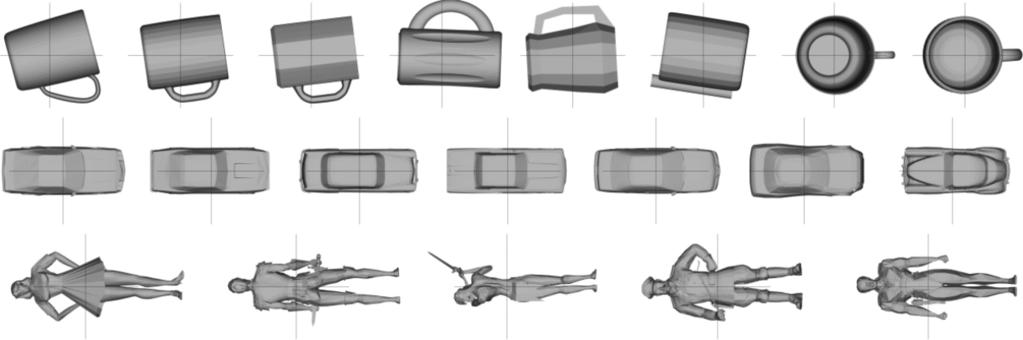 352 B. Bustos et al. Fig. 4. Pose estimation using the PCA for three classes of 3D objects. some moment test, and scaling invariance can be achieved by scaling the model by some canonical factor.