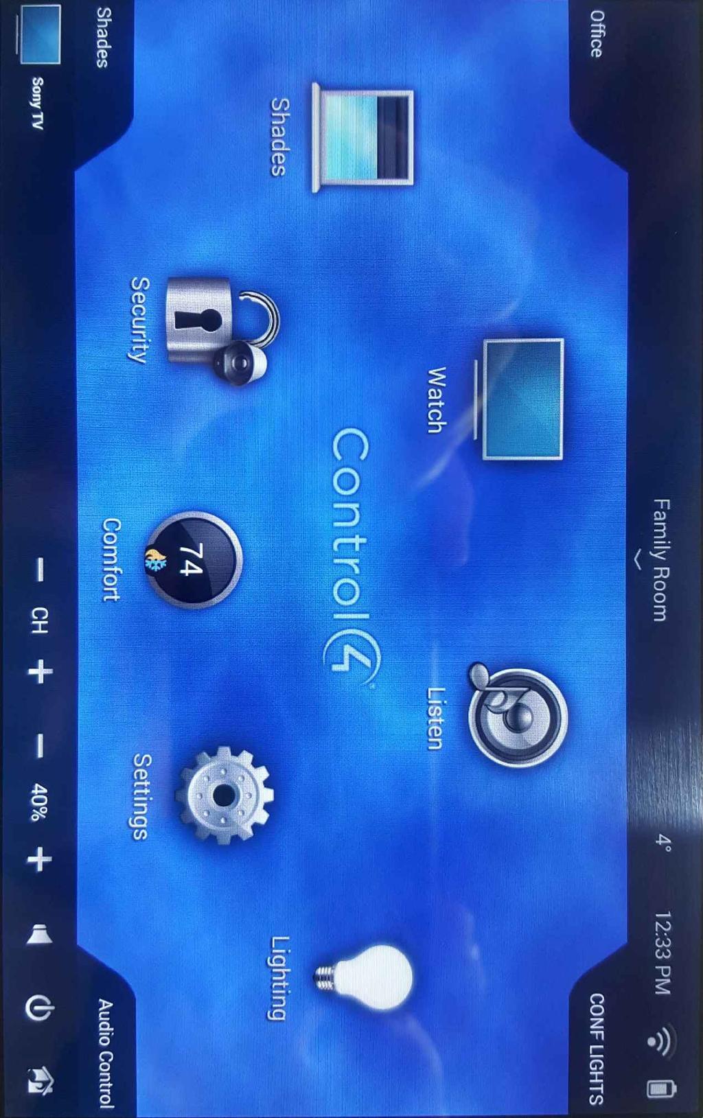 Controls what you are watching in the room Room Short Cuts What Room you are in control of Controls what you are listening to in the room Outside Temperature Current Time Battery level Wifi Signal
