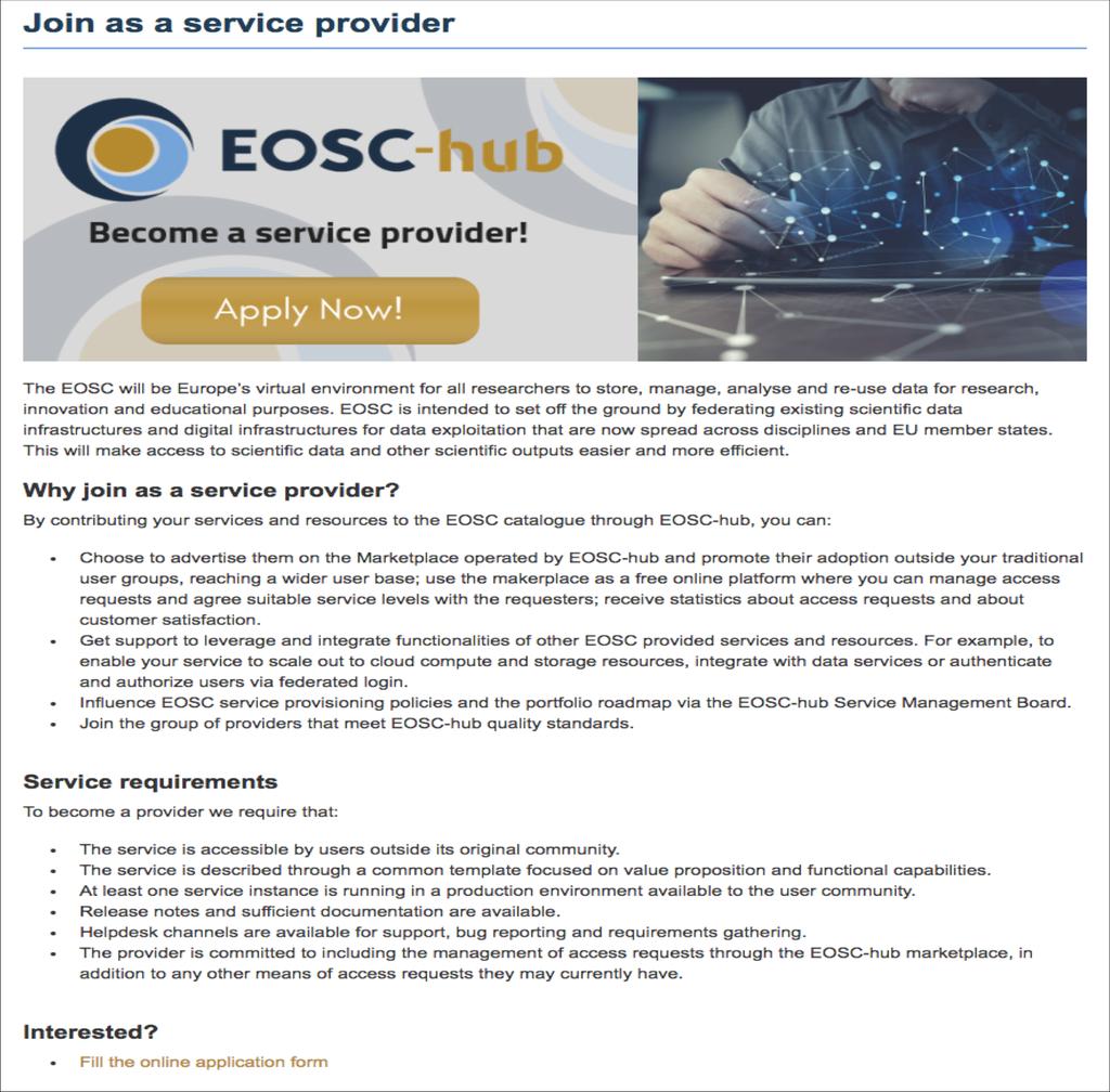 Become a provider https://www.eosc-hub.
