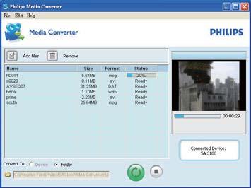 Use Philips Media Converter 1 On your PC, launch Philips Media Converter. 2 Connect the player to the PC by using the USB cable. Wait until the player is recognized by Philips Media Converter.