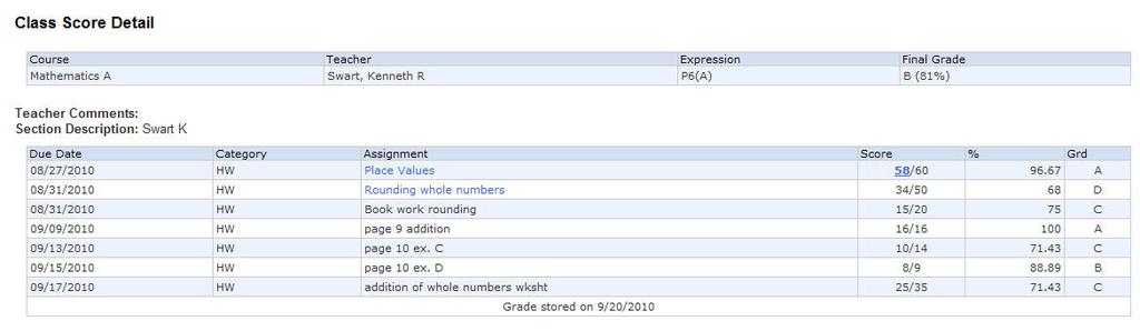 Grade History Use this page to view progress, quarter, and semester grades for the student for the current
