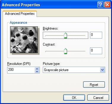 You can choose Brightness, Contrast, Resolution (DPI) and Picture type from Advanced Properties. Click OK after you have changed the settings.