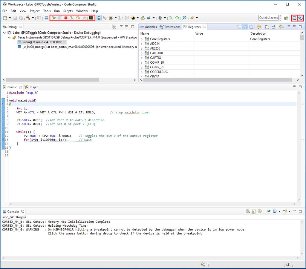 Fig. 15. Debugger windows The code execution can be done at the C level or at the assembly language level (you can display the Disassembly window with Window Show View Disassembly ).