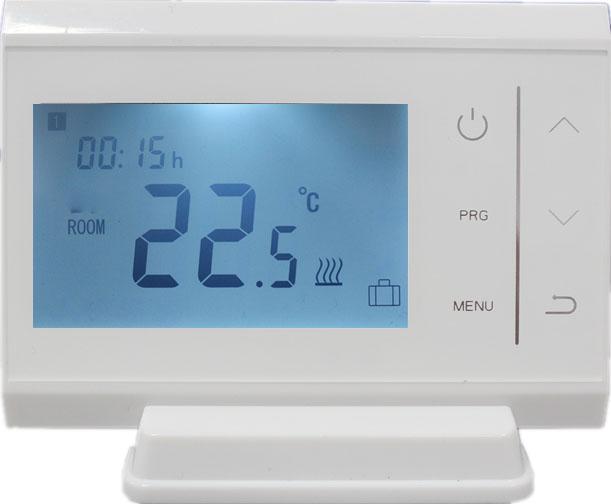 This surface-mounted radio thermostat has been developed to be able to switch electric and conventional heating systems on and off using a set temperature and time.