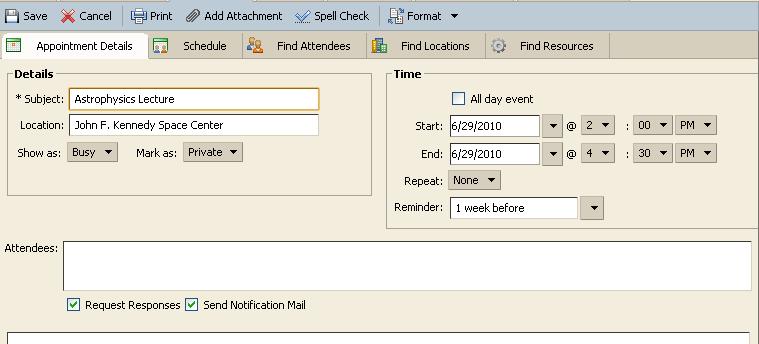 This mode allows you to invite other Webmail Plus users to attend an appointment, add attachments, and customize the repetition