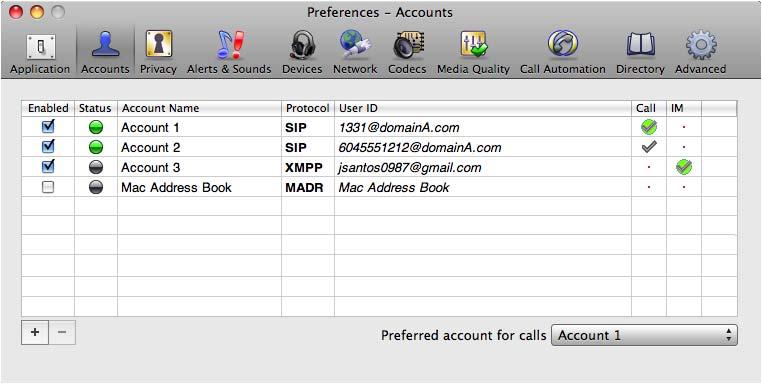 7 Configuring Bria From the menu bar, choose Bria > Preferences. The Preferences window appears. When configuring Bria the first time, click the Accounts tab and set up the account.