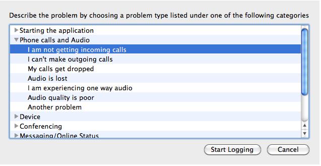 The first Diagnostics Logging window appears. 2. Select the problem you are experiencing and click Start Logging. 3.