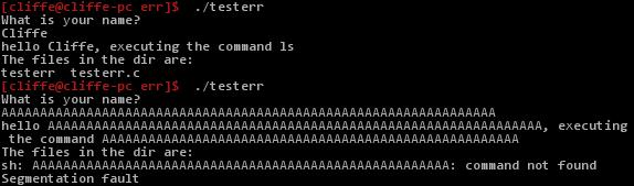 Try entering: AAAAAAAAAAAAAAAAAAAAAAAAAAAAAAAAAAAAAAAAAAAAAAAAAAAAAA Testing and breaking the program As shown above, when you enter an input that is long, this program starts to behave incorrectly.
