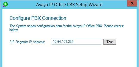 The Avaya IP Office PBX Setup Wizard Configure PBX Connection screen is displayed.