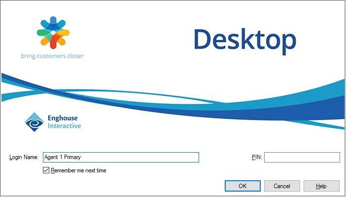 From the agent desktop, double-click on the Desktop shortcut icon shown below, which was created as part of Enghouse Interactive Desktop installation. The Desktop login screen is displayed.