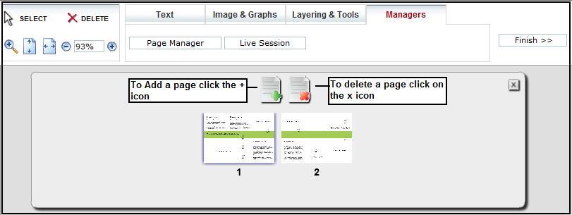a) Selecting a Page and moving pages around in a project When the user selects the page manager button the pages in the project are displayed.