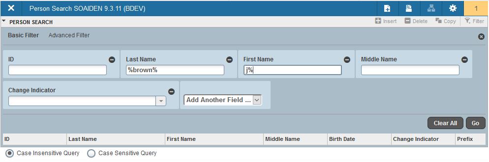 3. This is the Person Search Basic Filter screen: Banner 9 Page 12 Enter the information you have; tab twice to move to the next field. NOTE: Wildcards (% and _ ) will work in these fields. 4.