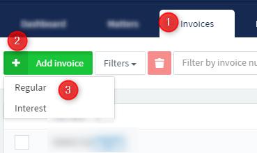 1. Go to the Invoices Quicktab. 2. Click Add Invoice. 3. Choose what kind of invoice you want to issue. 4. A pop up box will appear containing the list of Matters with Unbilled tasks.