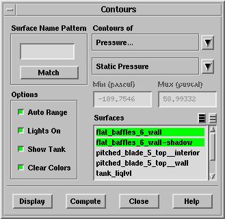 5. Display contours of static pressure. Display Contours... (a) Select flat baffles 6 wall in the Surfaces list. (b) Enable Lights On, Show Tank, and Clear Colors in the Options group box.
