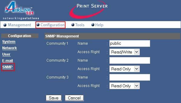 3.3.5 Configuration SNMP Click SNMP item of Configuration to display the following page: SNMP Management Allow you to use SNMP (Simple Network Management Protocol) to manage complex networks.