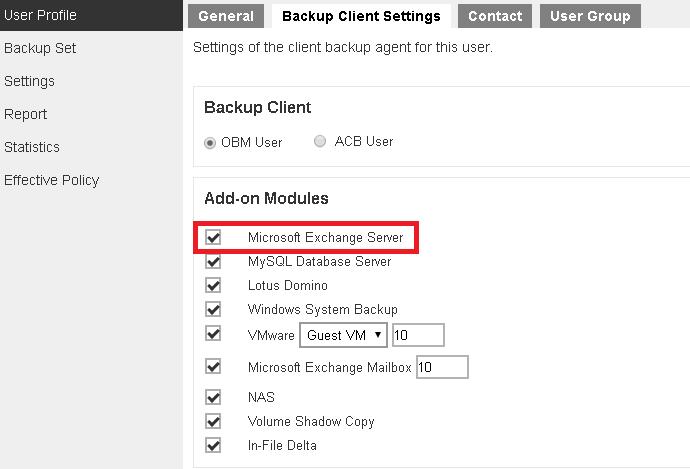 6. Make sure that the Microsoft Exchange Server add-on module has been enabled for your Backup App user account. Contact your backup service provider for more details. 7.