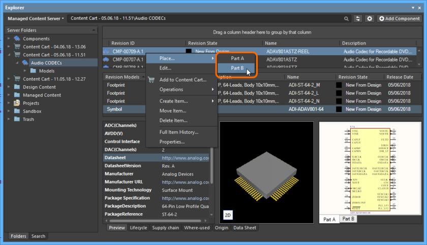 If using the Explorer panel's drag and drop placement functionality, be aware that only the ﬁrst part (Part A) for the component can be placed.