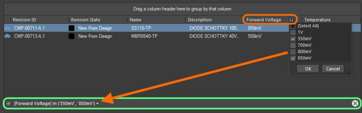 An example of column ﬁltering in action. To clear ﬁltering for a column, choose the (Select All) entry from the ﬁltering drop-down.