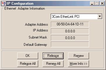 This will open the IP Configuration Dialog, once here click on the release button, then click on the renew button.