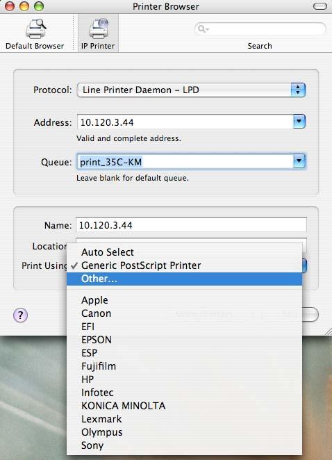 4) The Protocol must be set to Line Printer Daemon LPD. Enter the IP address of the printer and the queue name.