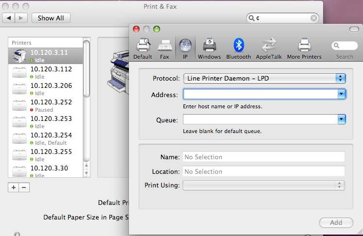 4. Select the IP icon then line Printer Daemon - LPD protocol from the drop down 5.