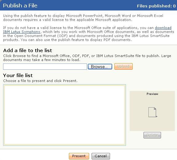 Figure H. Document Publishing Publish a File window Publishing documents: 1 Select Publish on the presenter toolbar. 2 Select Browse from the Publish a File dialog window.