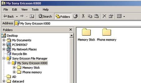 Transfer files between your mobile and PC Helpful information My 3 Transfer images and videos > Right click on My Sony Ericsson K800 in the bottom right corner of your PC. > Select File manager.