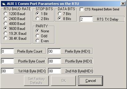 Comm Port Parameters on the RTU To access this screen, press the Comm Card Parm Set button on the Configuring the Auxiliary Board screen.