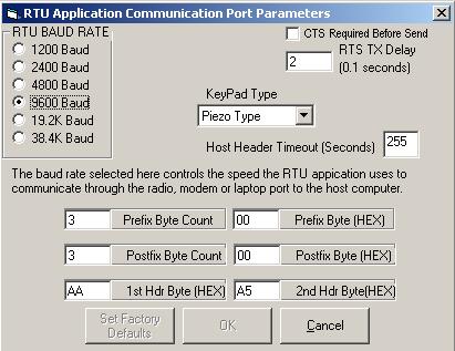 RTU Application Communication Port Parameters To access this screen from the Main Screen, press the RTU Application Communications button.