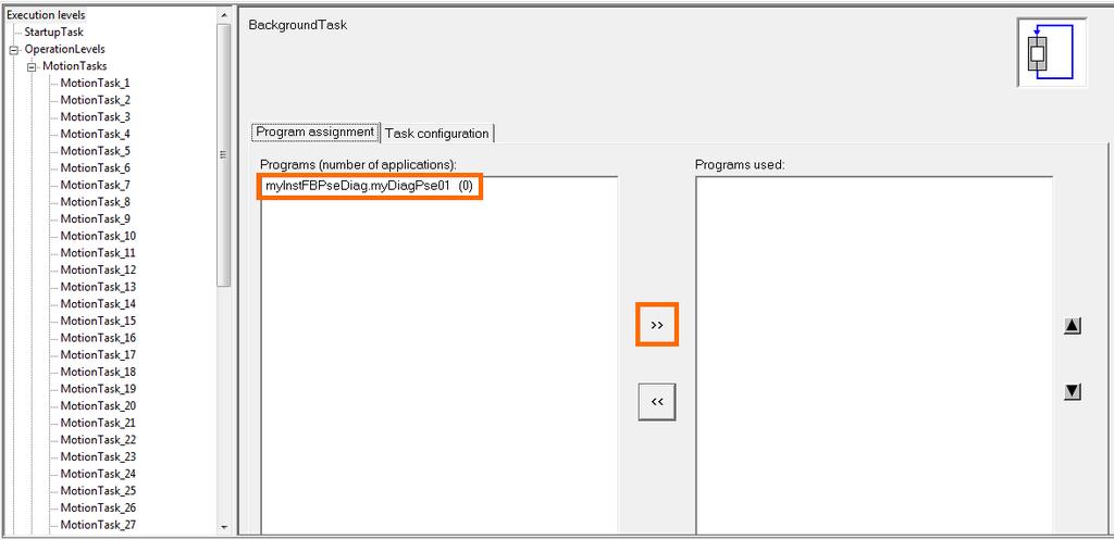 Select the created mydiagpse01 program and click on the >> button, so the mydiagpse01 program is assigned to the used