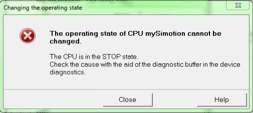 If when starting the SIMOTION CPU an error message stating that the operating state of the CPU cannot be changed is