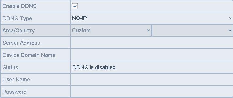 7 NO-IP Settings Interface HiDDNS: 1) The Server Address of the HiDDNS server appears by default: www.hiddns.com. 2) Select your Area/Country in the dropdown list.