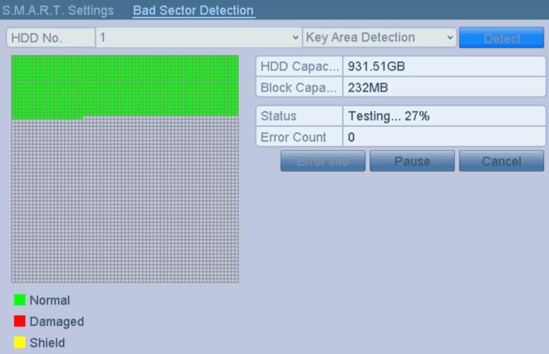 12.8 Detecting Bad Sector You can detect the bad sector of the HDD to check the status of the HDD. 1. Enter the HDD Detect interface. Menu>HDD>HDD Detect 2.