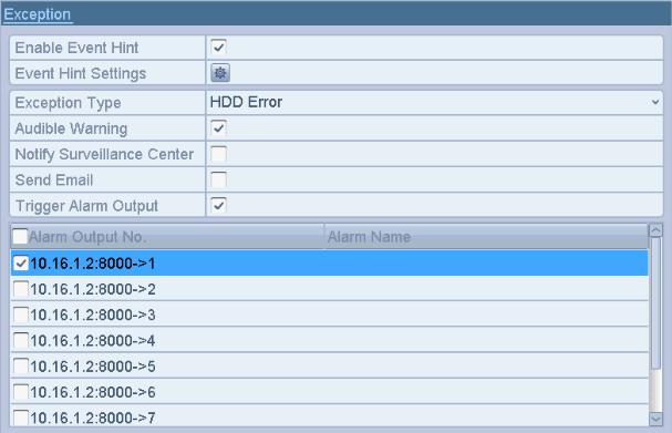 12.9 Configuring HDD Error Alarms You can configure the HDD error alarms when the HDD status is Uninitialized or Abnormal. 1. Enter the Exception interface. Menu > Configuration > Exceptions 2.