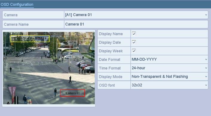 13.1 Configuring OSD Settings You can configure the OSD (On-screen Display) settings for the camera, including date/time, camera name, etc. 1. Enter the OSD Configuration interface.