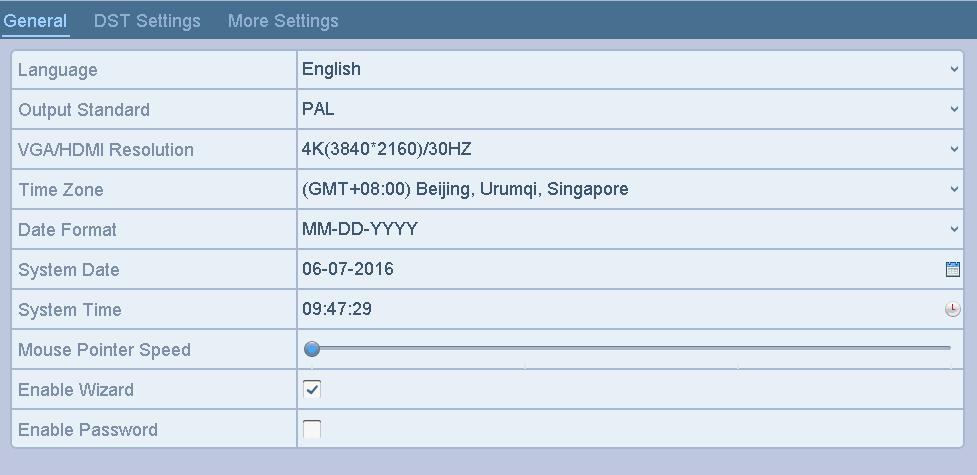 15.1 Configuring General Settings You can configure the output resolution, system time, mouse pointer speed, etc. 1. Enter the General Settings interface. Menu > Configuration > General 2.