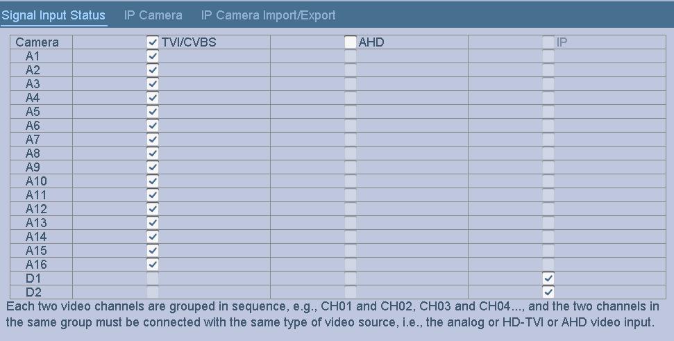 Check the checkbox to select different signal input types: TVI/CVBS, AHD or IP. And for some models, the 3MP and 5MP video input types are selectable. Figure 2.