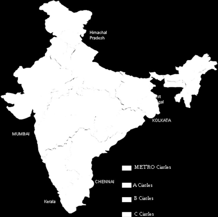 P, Karnataka, and Tamil Nadu. B category Circles: include Kerala, Punjab, Haryana, U.P.(W), U.P. (E), Rajasthan, M.P., West Bengal, Andaman and Nicobar.