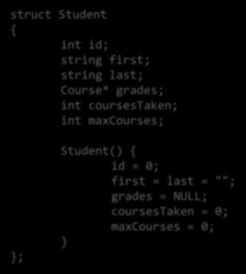 struct Student { int id; string first; string last; Course*