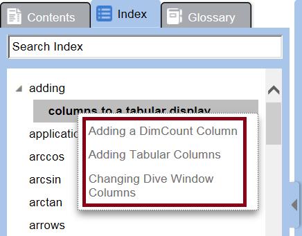 Like the glossary, the index has a search bar for quick access.