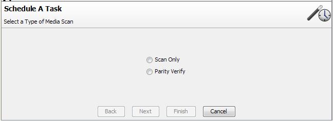Scheduling Media Scan Media Scan for a parity RAID group can be scheduled to occur at a specified time for a specified frequency.
