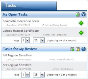 Tasks for My Review The Tasks tab also includes the Tasks for My Review section.