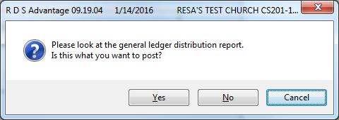 You will be asked to look at the General Ledger Distribution Report. After reviewing this report, answer Yes to post or No to abort the posting.