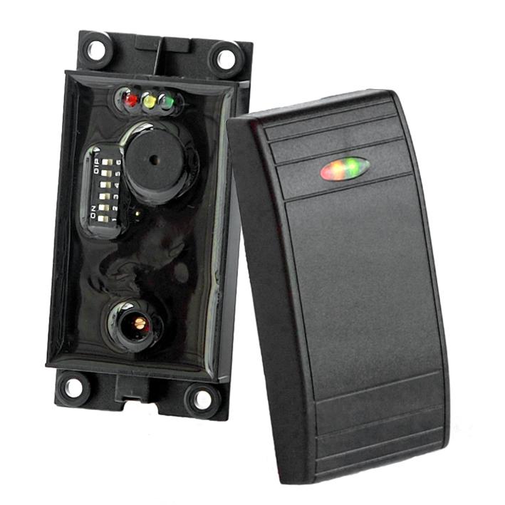 714-52 Mifare ID Reader with selectable outputs The 714-52 OEM proximity reader consists of three parts: a potted unit containing the electronics and antenna, a front cover, and an optional spacer
