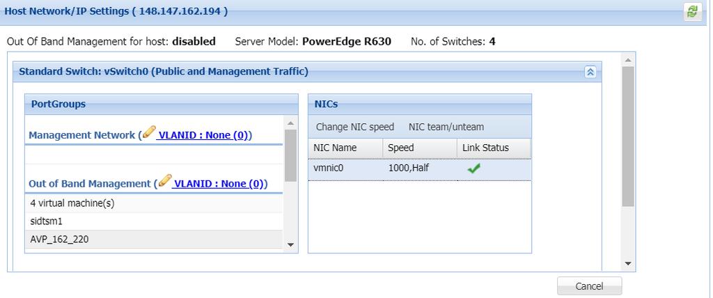 Changing the network settings for an Appliance Virtualization Platform host from Solution Deployment Manager 4. Click Change Network params > Change Network Settings.
