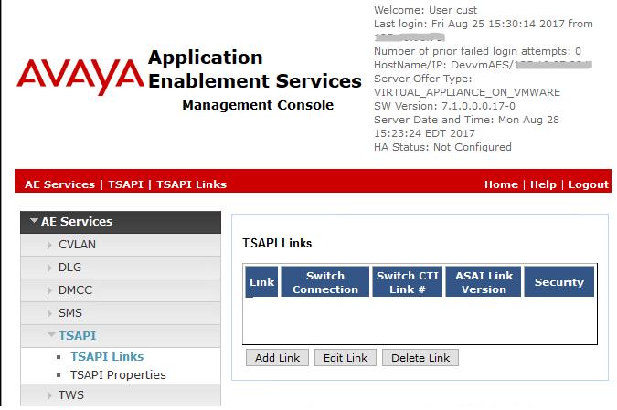 6.3. Administer TSAPI Link To administer a TSAPI link, select AE Services TSAPI TSAPI Links