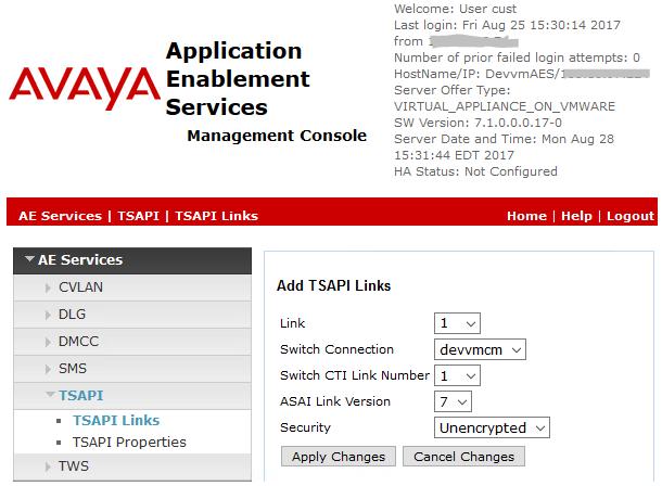 The Add TSAPI Links screen is displayed next. The Link field is only local to the Application Enablement Services server, and may be set to any available number.