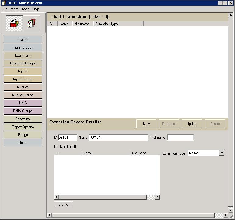 7.3. Administer Extensions The TASKE Administrator screen is displayed. Select Extensions from the left pane, followed by New in the right pane to create an extension record.